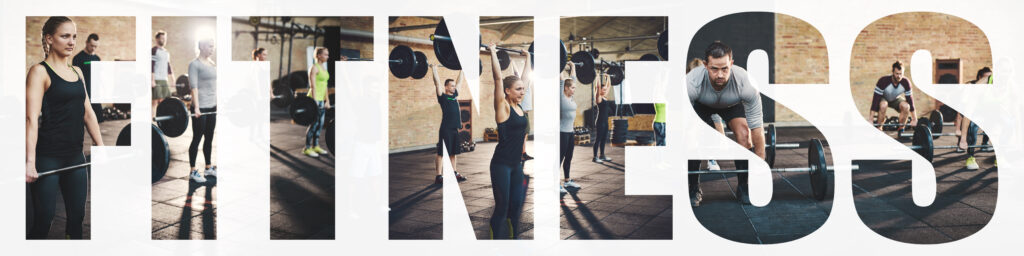 Collage of a diverse group of fit young people doing weightlifting exercises together during a gym workout with an overlay of the word fitness